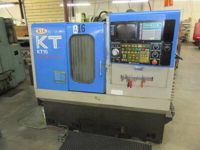 KIA Model KT15, CNC Lathe, S/N KT15147 (New 1994), 17.7" Max. Swing, 6.5" Turning Dia., 1.77" Spindle Bore, 1.49" Max. Bar Capacity, 14" Max. Machining Length, 5,000-RPM Max. Spindle Speed, 10-HP Main Spindle Drive, 12-Position Turret, with Yasnac CNC Con