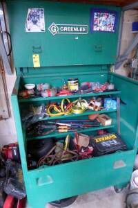 Greenlee Gang Box w/Contents: Jumper Cables, Straps, Gloves, Hand Tools, Asst.