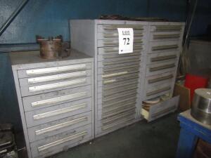 (LOT) ASSORTED DRILLS, TOOL HOLDERS, DIES, TAPS, STEEL STAMPS, GRINDING WHEELS, HARDWARE, 3 JAW CHUCK, STORAGE CABINETS INCLUDED