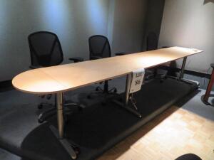 WOOD TOP EDITORS TABLE 128" X 33" X 30" W/ 4 BLACK OFFICE CHAIRS (STUDIO 2) (6520 SUNSET BOULEVARD HOLLYWOOD CA 90028)