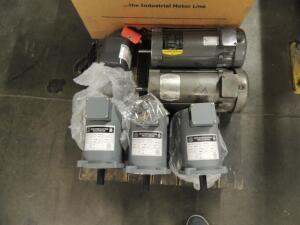 LOT: (2) Baldor, (1) Warner Electric Motors 1 HP, (3) Worldwide .33 HP, (1) Blufton 1/20 HP W/ Gearbox