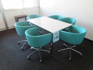 CONFERENCE TABLE WITH WHITE GLASS TOP/METAL FRAME, 53" X 33.5", PLUS (6) FABRIC LOUNGE CHAIRS