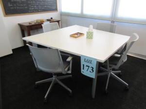 HAWORTH CONFERENCE TABLE WITH WHITE TOP/METAL LEGS, AND (4) HAWORTH OFFICE CHAIRS