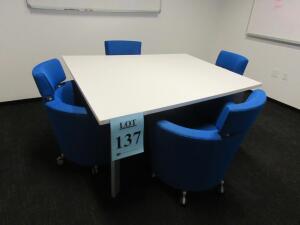 HAWORTH CONFERENCE TABLE WITH WHITE TOP AND (4) HAWORTH HELLO BLUE FABRIC LOUNGE CHAIRS