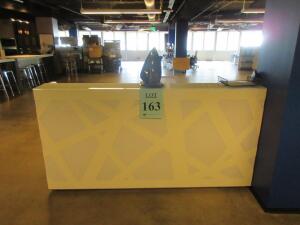 WHITE RECEPTION COUNTER WITH LIGHTS AND GLASS TOP, 83.5" X 34.5" X 45", AND METAL DECORATION UNIT