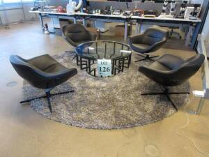 LOT (4) BLACK SWIVEL LOUNGE ARMCHAIRS, (1) 42" ROUND METAL CENTER TABLE WITH GLASS TOP, AND (1) 10'FT ROUND RUG