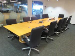 16'FT WOOD CONFERENCE TABLE WITH THREE PEDESTALS, AND (13) BLACK FABRIC HIGH BACK CONFERENCE CHAIRS