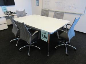 CONFERENCE TABLE WITH WHITE GLASS TOP/METAL FRAME, AND POWER OUTLETS, 73" X 49", PLUS (6) GRAY/BLACK CONFERENCE CHAIRS, AND (1) WHITE CREDENZA 90" X 1