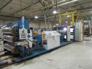 Piecemeal Lot: CINCINNATI 53" WIDE SHEET EXTRUSION DOWNSTREAM, INCLUDES 15 HORSEPOWER MELT PUMP, 50" FLEX LEP SHEET EXTRUSION DIE AND DIE STAND, 3 ROLL VERTICAL STACK EACH ROLL 18" OD X 53" WIDE, COOLING PUMPS, PULL ROLLS, DUAL FIXED SHAFT WINDER AND EDG