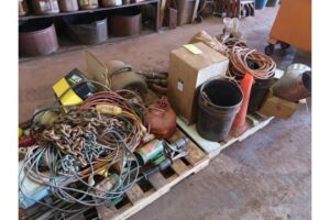LOT: Miscellaneous Equipment including Blower, Chain, Air Pig, Steel Fittings, (3) Ladders, Shovels, Contents of (2) Pallets & Along Wall