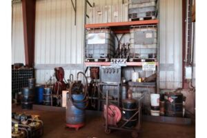 LOT: Lubricant Distribution System including Pneumatic Pumps, (7) Assorted Hose Reels, Barrel with Pump, Grease Barrel with Pump & Reel, Assorted ...